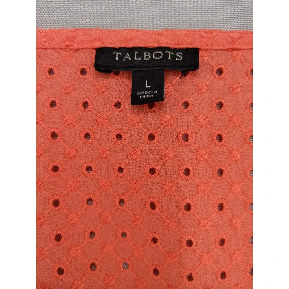 Talbots Eyelet Tunic Size L Coral Orange Empire Waist V-Neck Cotton 3/4 Slv